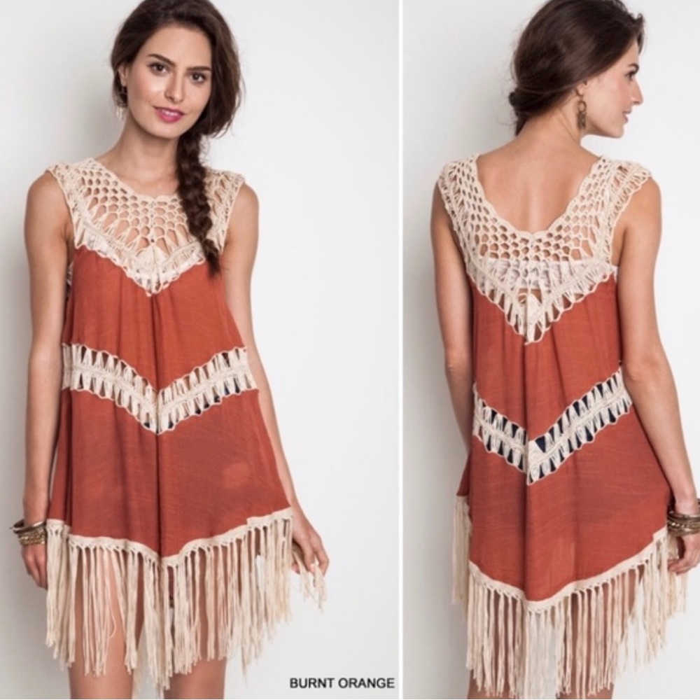 Umgee Crochet Tunic Fringe Boho Dress Hippy Size Small  Burnt Orange Festive